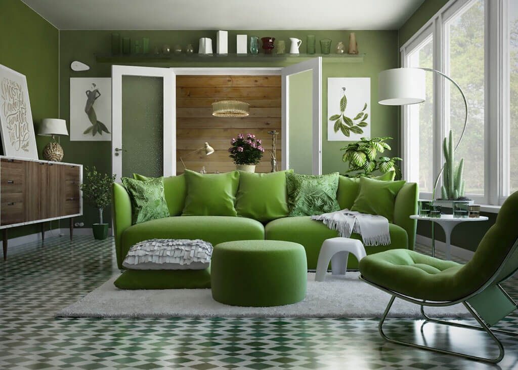 obývačka v zelenej farbe