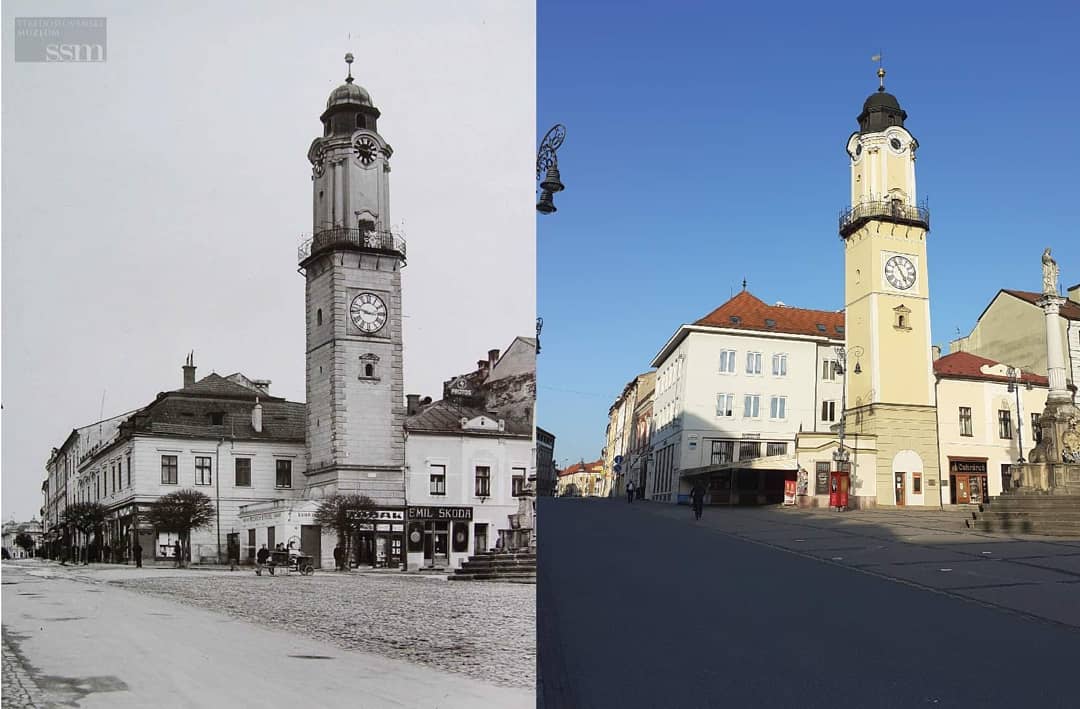 historická podoba a aktuálna podoba šikmej veže v Banskej Bystrici
