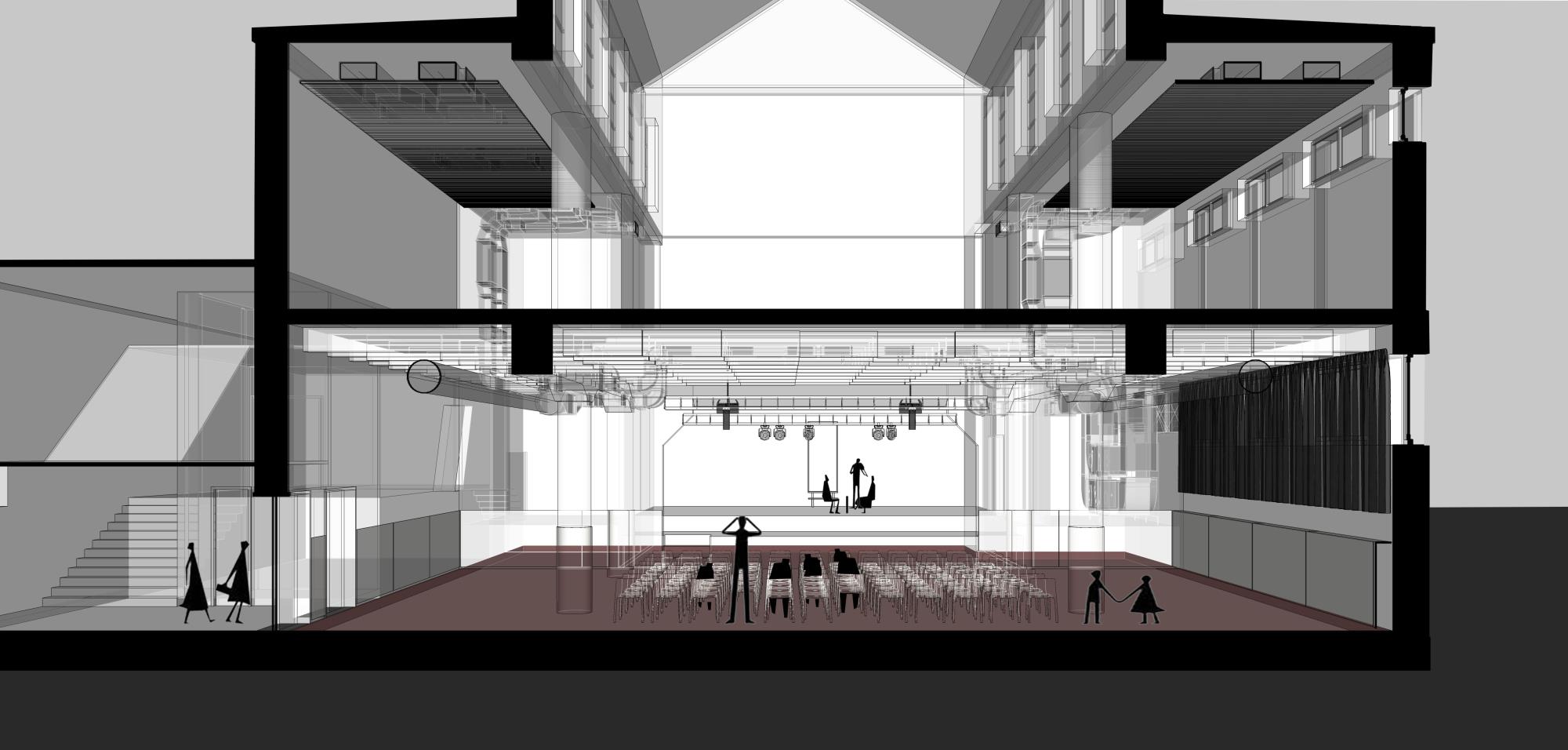vizuálny návrh multifunkčnej sály s javiskovou a diváckou časťou