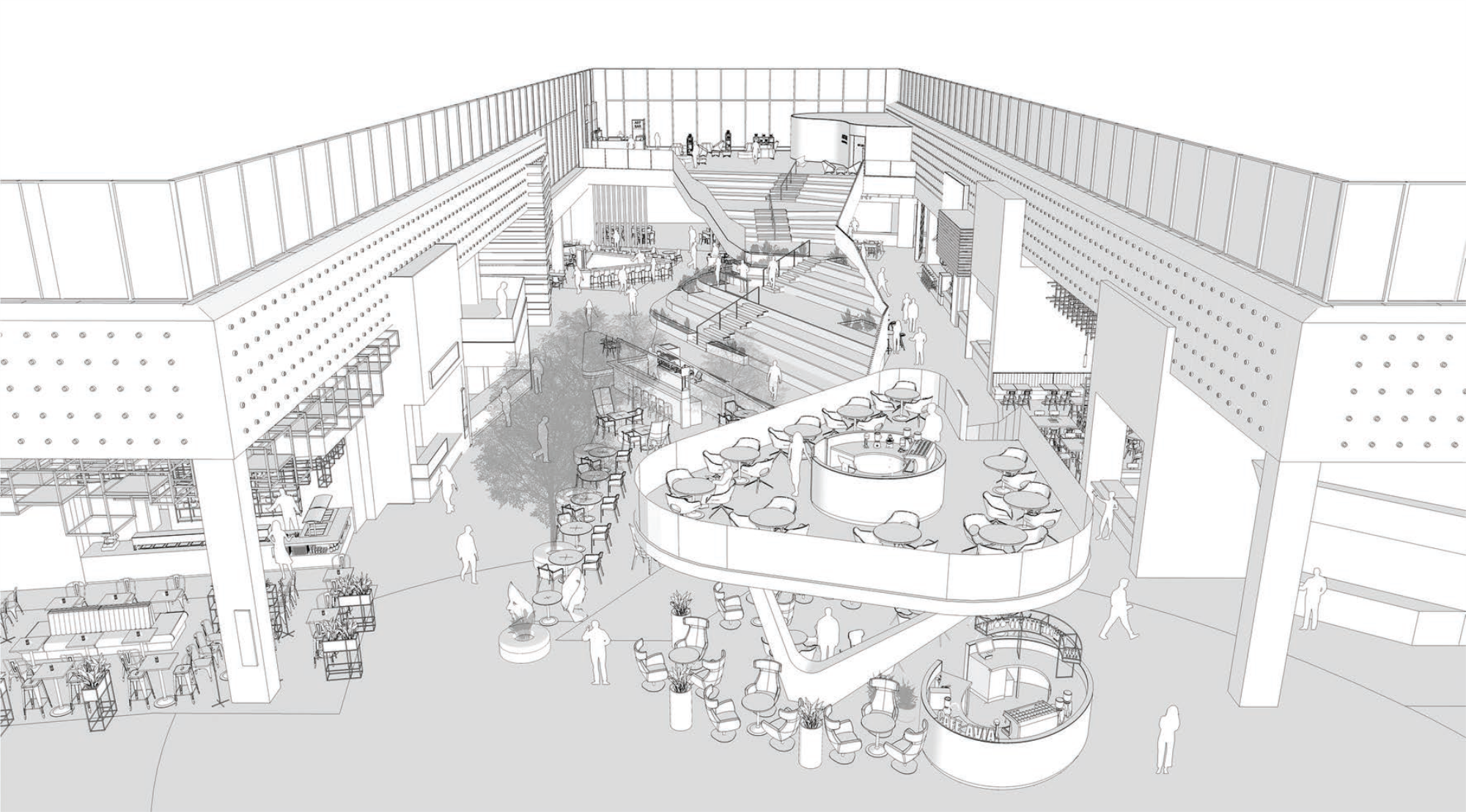 vizuálny návrh food courtu v obchodnom centre s detailom na jednotlivé tribúny