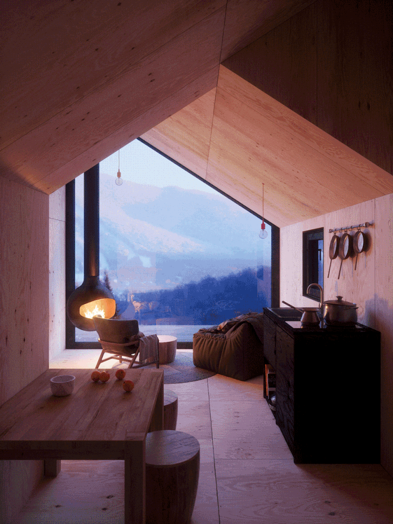 GIF: architektonický skvost: chata situovaná v prírode so zaujímavým dizajnom